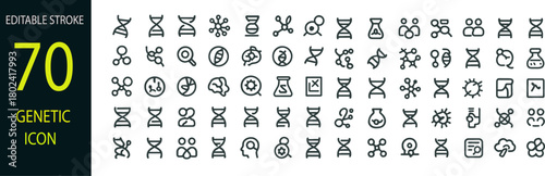 A minimalist line icon set illustrating genetics and DNA concepts, designed with editable strokes for flexible use in scientific, educational, and medical visuals