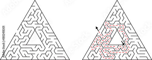 Triangular maze with solved path indicated by red dashed lines and arrows labyrinth