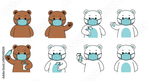 Cute cartoon bears wearing face masks and practicing hygiene measures like hand sanitizing and waving, promoting health and safety during a pandemic or illness.