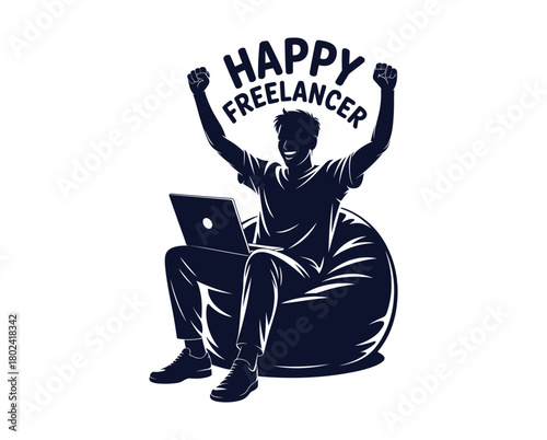 Joyful silhouette man celebrating success with laptop on beanbag happy.