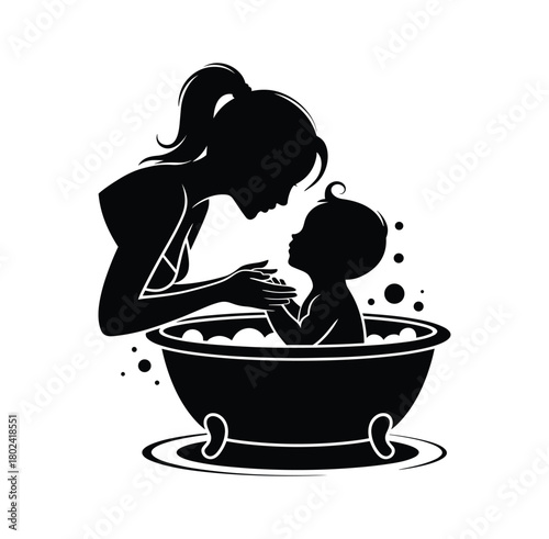 Mother bathing baby in tub with bubbles vector.
