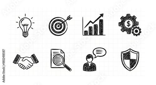 Hand drawn business icons: innovative strategies and financial growth concepts