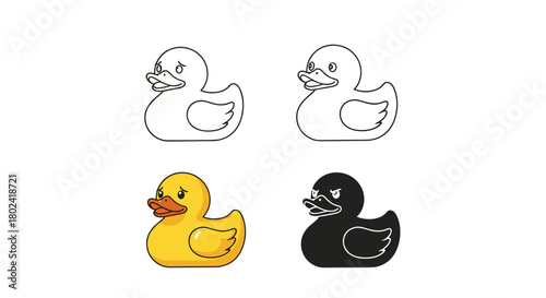 Charming rubber duck illustrations in various styles, including line art, color, and silhouette, perfect for playful designs and bath time themes.