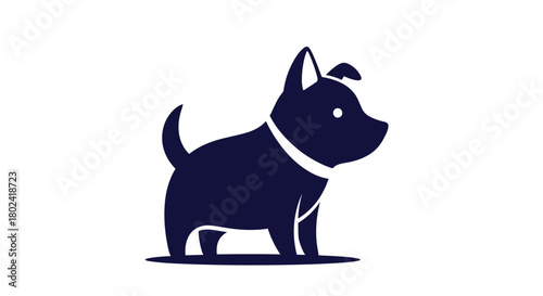 A charming, stylized illustration of a dark blue dog standing in profile, featuring a simple design with a small white eye and a slightly curved tail.