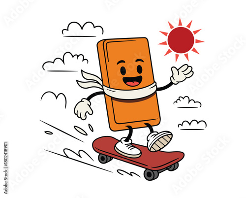 Orange eraser character riding a skateboard under a red sun vector.