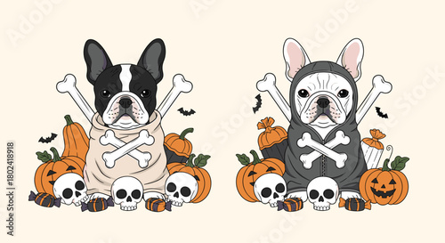 Two adorable french bulldogs dressed for halloween surrounded by pumpkins, skulls, and candy, creating a festive and spooky autumn scene.