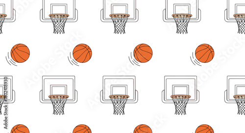 Seamless pattern featuring basketballs in motion and hoops, ideal for sports-themed designs, backgrounds, and digital papers.