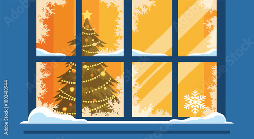 View through a frosty, snow-covered window into a warm, cozy room with a beautifully decorated and lit Christmas tree inside.
