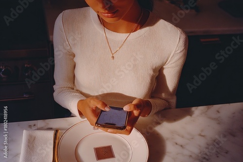 Woman focused on smartphone while seated at elegant dining table, soft lighting enhances atmosphere