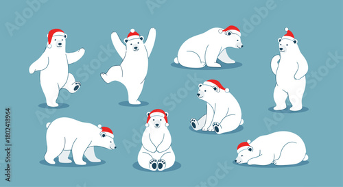A charming collection of cartoon polar bears wearing Santa hats in various playful poses against a light blue background, perfect for winter and holiday themes.