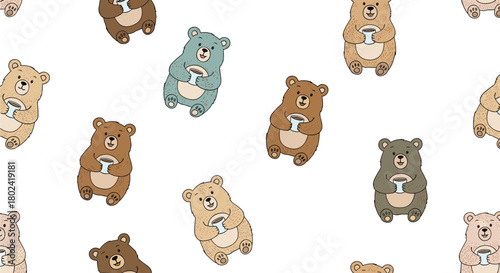 Seamless pattern featuring adorable cartoon bears enjoying a warm beverage in mugs, creating a cozy and whimsical design for various applications.