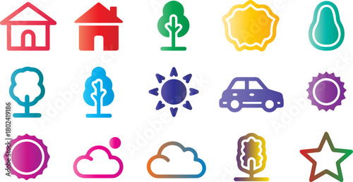 Colorful icons of house tree sun car cloud and star on a black background