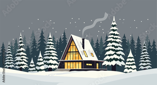 Atmospheric winter landscape of a modern A-frame cabin with glowing windows, nestled in a snowy pine forest at dusk with gentle snowfall.