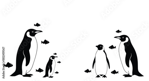 A charming illustration depicts a family of penguins amidst a school of small fish, creating a whimsical and delightful scene of Antarctic wildlife.