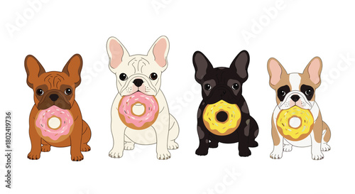 Adorable french bulldogs each hold a colorful frosted donut in their mouths, showcasing a playful and sweet illustration of canine indulgence.