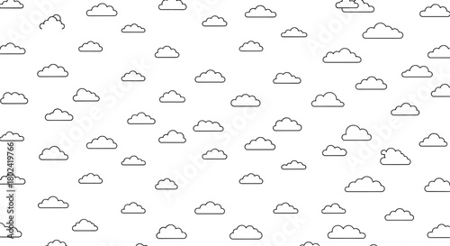 A seamless pattern of simple, hand-drawn style clouds scattered across a clean white background, ideal for backgrounds, textiles, and digital design elements.