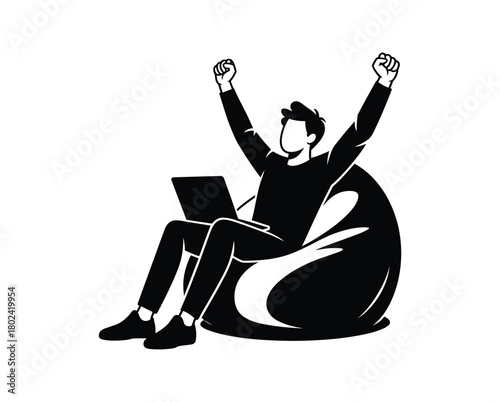 Person celebrating success while using laptop on beanbag celebration.
