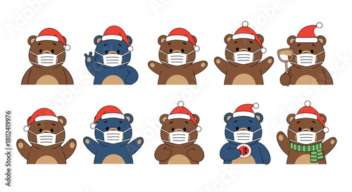 Festive bears wearing face masks and Santa hats demonstrate safe holiday practices and social distancing during a pandemic or winter season.