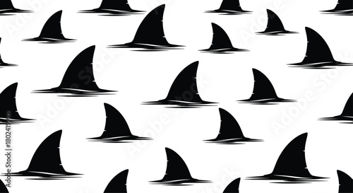 Seamless pattern featuring dark gray shark fins gliding across a bright white background, creating a repeating ocean predator motif for various design applications.
