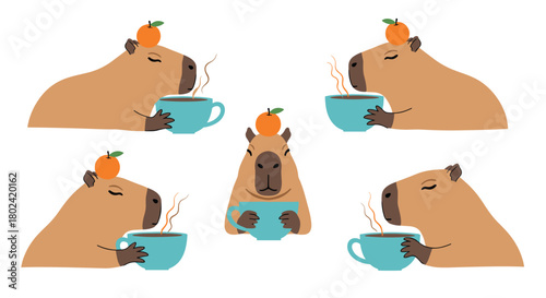 A collection of adorable capybaras enjoying warm beverages with oranges balanced on their heads, creating a whimsical and relaxing scene.