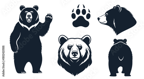 Collection of black and white bear illustrations featuring various poses and a paw print, ideal for nature-themed designs and branding.