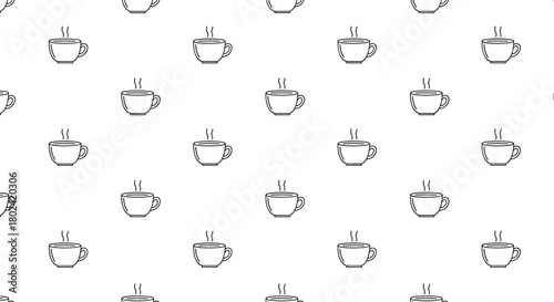 Seamless pattern featuring delicate line art illustrations of steaming coffee cups on a clean white background, ideal for backgrounds and design elements.