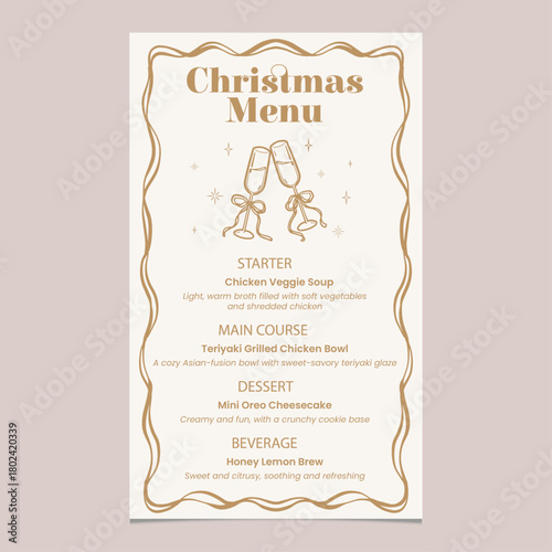 Christmas menu template with hand-drawn cheers glass in white gold theme. Vector illustration restaurant or cafe set menu with starter food, main course, dessert and beverage.