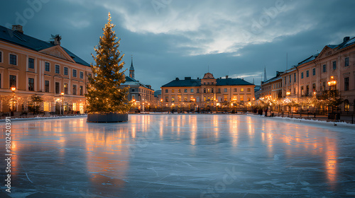ice skating rink in a city square with giant Christmas tree, evening festive lighting