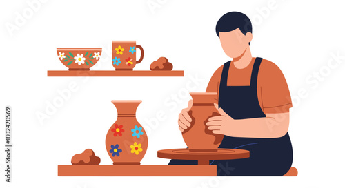 Illustration of a potter in an apron sitting at a pottery wheel, skillfully shaping a clay vase in a cozy workshop setting.