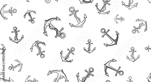 Seamless pattern featuring hand-drawn nautical anchors in varying sizes and orientations on a clean white background, ideal for maritime themes.