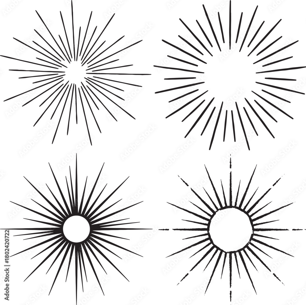 Obraz premium A set of four distinct black sunburst designs, featuring radiating lines for a retro graphic effect vector illustration.