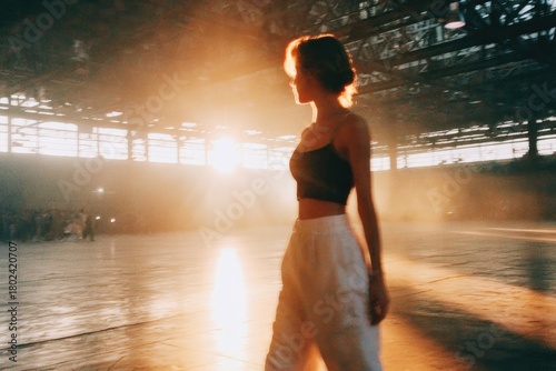 Silhouette of woman dancing in sunlight, creating an ethereal atmosphere