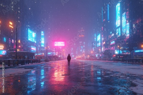 Mysterious figure stands alone in neon cityscape, enveloped in fog and reflections
