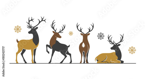 Elegant and modern illustration of four reindeer in gold and black, in various poses, with decorative snowflakes for a stylish Christmas design.