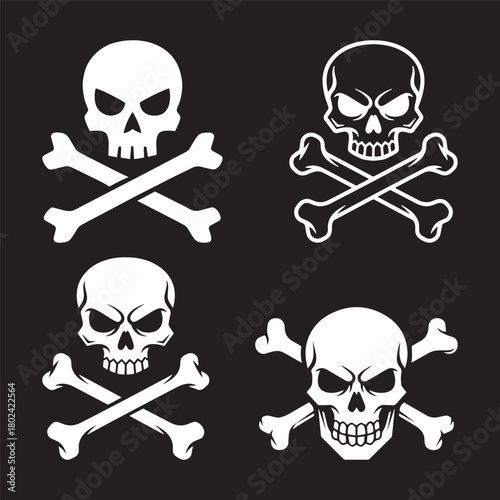 A set of four menacing white skull and crossbones designs, a classic symbol of danger and piracy vector illustration.