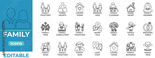 Family Line Icons Set .Editable Outline Family and Love Icons