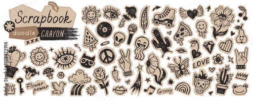 Music psychedelic stickers. Groovy retro scrapbook. Disco rock punk grafitti Icon. Cutout collage, 60s 70s graffiti pattern. Psychedelic flower peace heart paper sticker. Groovy disco music tattoo bg