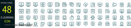 E-learning line icon set. Containing e-learning, online course, audio course, educational website, digital education, and more. Editable stroke. Vector illustratio