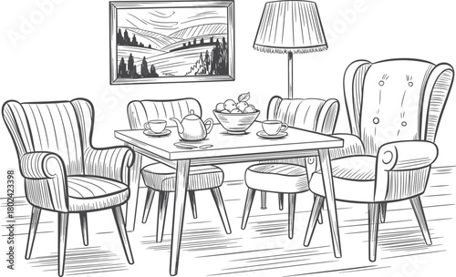 Cozy dining room sketch, black and white interior, tea table illustration, home decor drawing, vintage furniture, line art scene