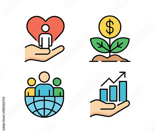 Concept icons for social responsibility, financial growth, global community, and investment