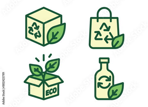 Eco-friendly icons represent recycling, sustainability, and green living concepts.