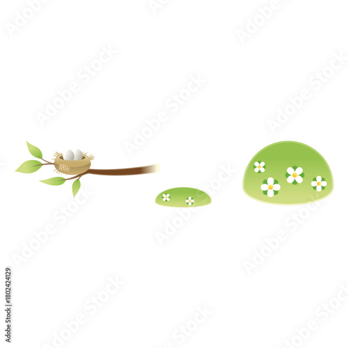 Springtime scene illustration nest with eggs on a branch, green hills, white flowers, serene nature