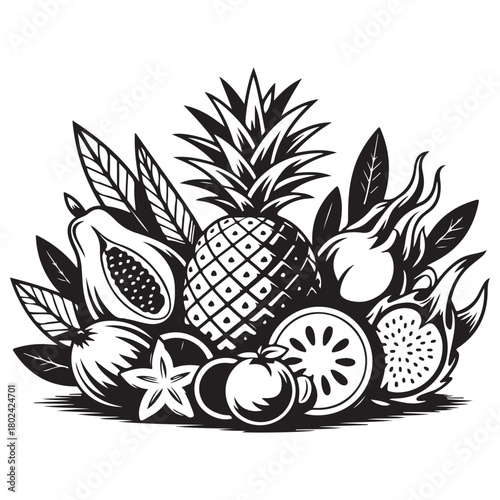Black and White Tropical Fruit Still Life Vector Illustration