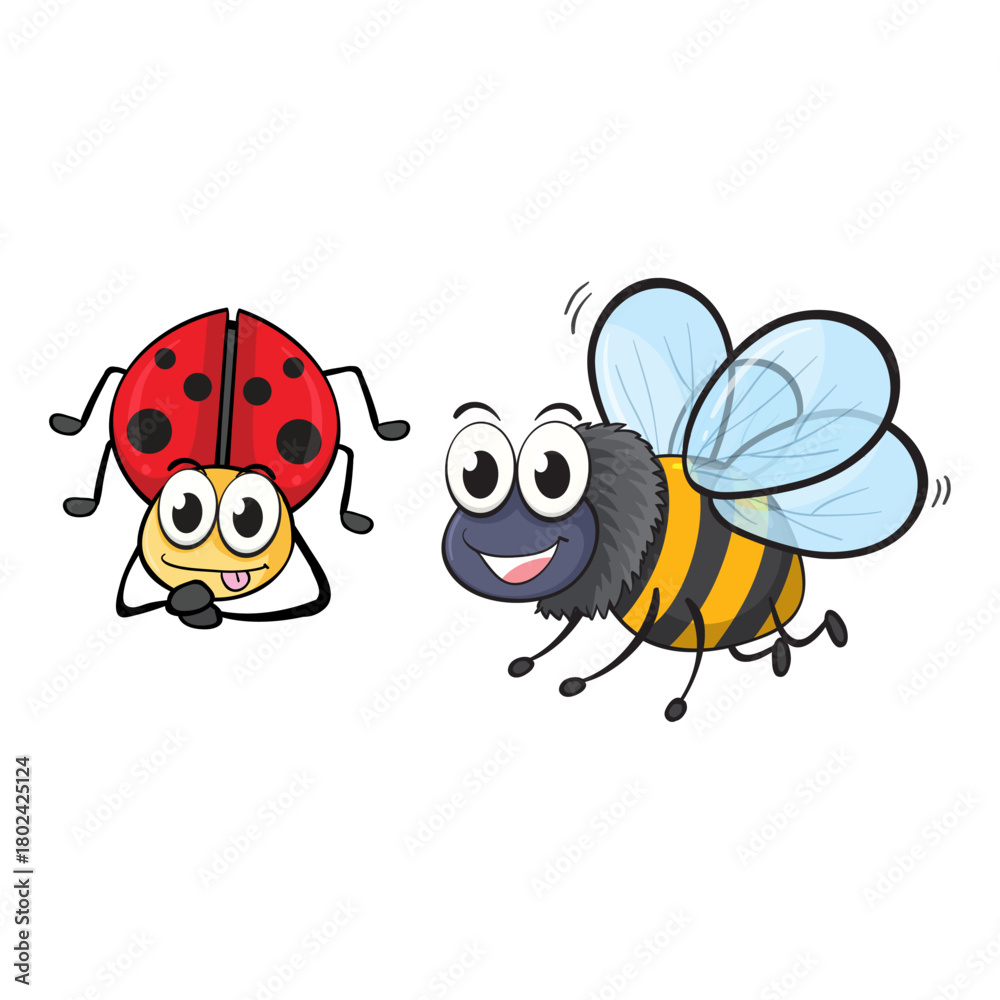 Obraz premium Charming cartoon ladybug and a smiling bee illustration, perfect for kids' learning and playful designs