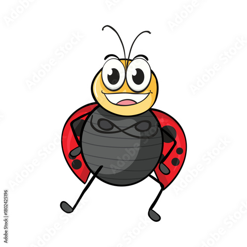 Happy cartoon ladybug character with a big smile and crossed arms standing confidently