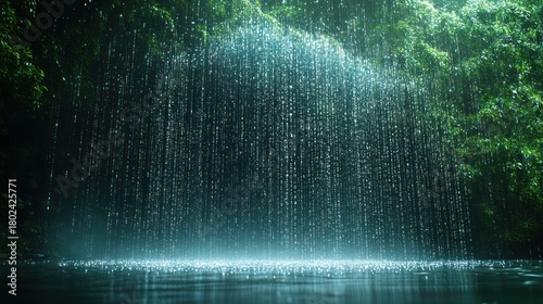 Water droplets fall gently from a lush green canopy, filling the air with refreshing mist