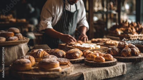 Freshly Baked Pastries Arranged Neatly by a Baker in a Rustic Bakery Setting
