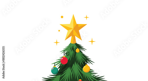 Festive close-up of the top of a decorated Christmas tree featuring a large, sparkling golden star tree topper and ornaments.