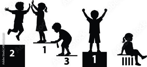 Silhouette children standing and playing on numbered podium steps showing teamwork celebration competition learning concept in creative childhood activity illustration