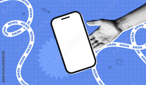 Trendy Halftone Collage Phone with Breaking news. Smartphone white space screen for media and journalism. Online reading news. Social media browsing. Contemporary vector art illustration